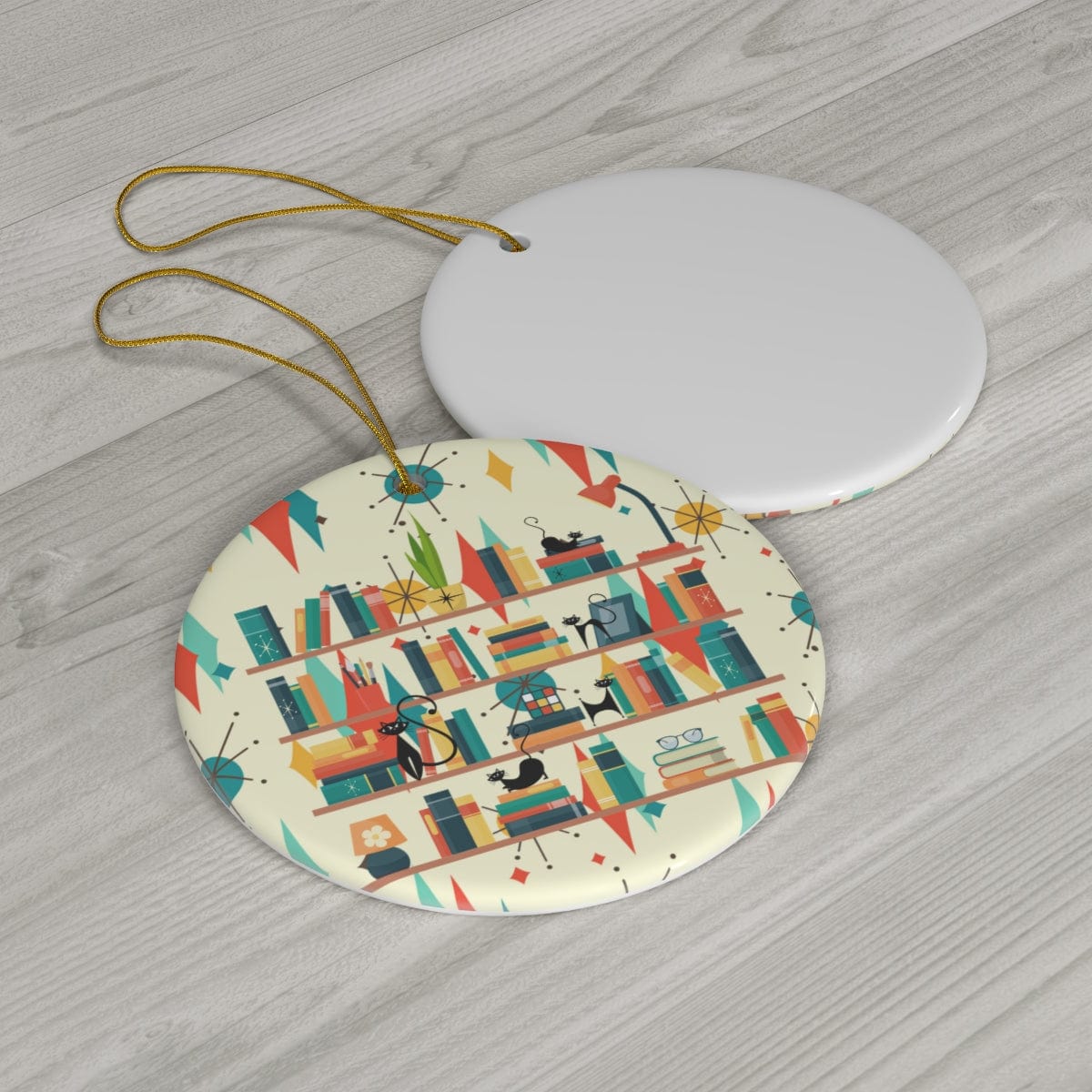 Book Lovers Gifts, Christmas Ceramic Ornament, Atomic Cats, Mid Century Modern Franciscan Pattern X-Mas Retro Ornaments Home Decor