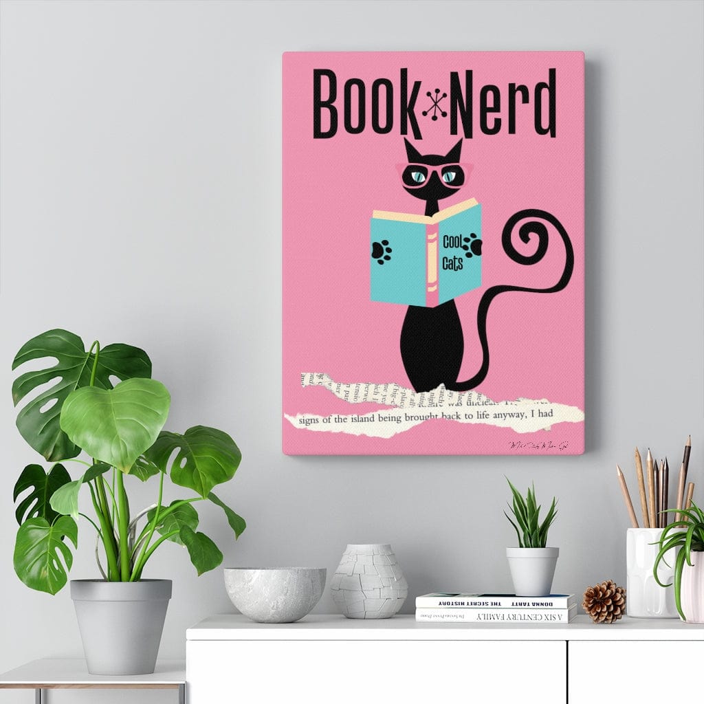 Book Nerd, Teacher, Book Cafe, Atomic Cat, Retro Pink, FUNNY, Nerd Bookworm, Mid Mod, MCM Canvas Wall Art Canvas Wall Art