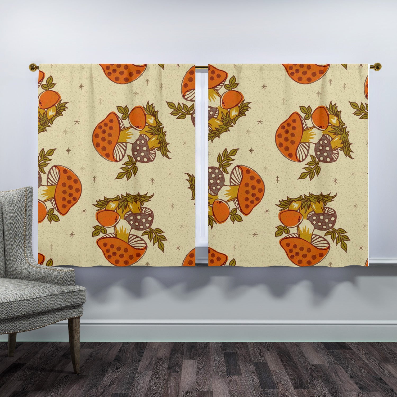 1970s Vintage Mushroom Pattern, Groovy Retro Mid Mod Window Curtains (two panels)