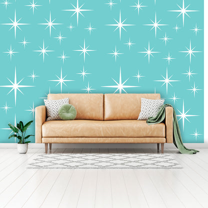 Atomic 50s Starbursts Aqua And White, Mid Century Modern Removeable Peel And Stick Wall Murals