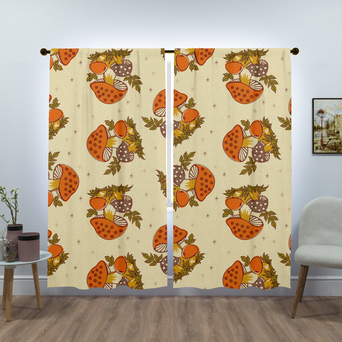 1970s Vintage Mushroom Pattern, Groovy Retro Mid Mod Window Curtains (two panels)