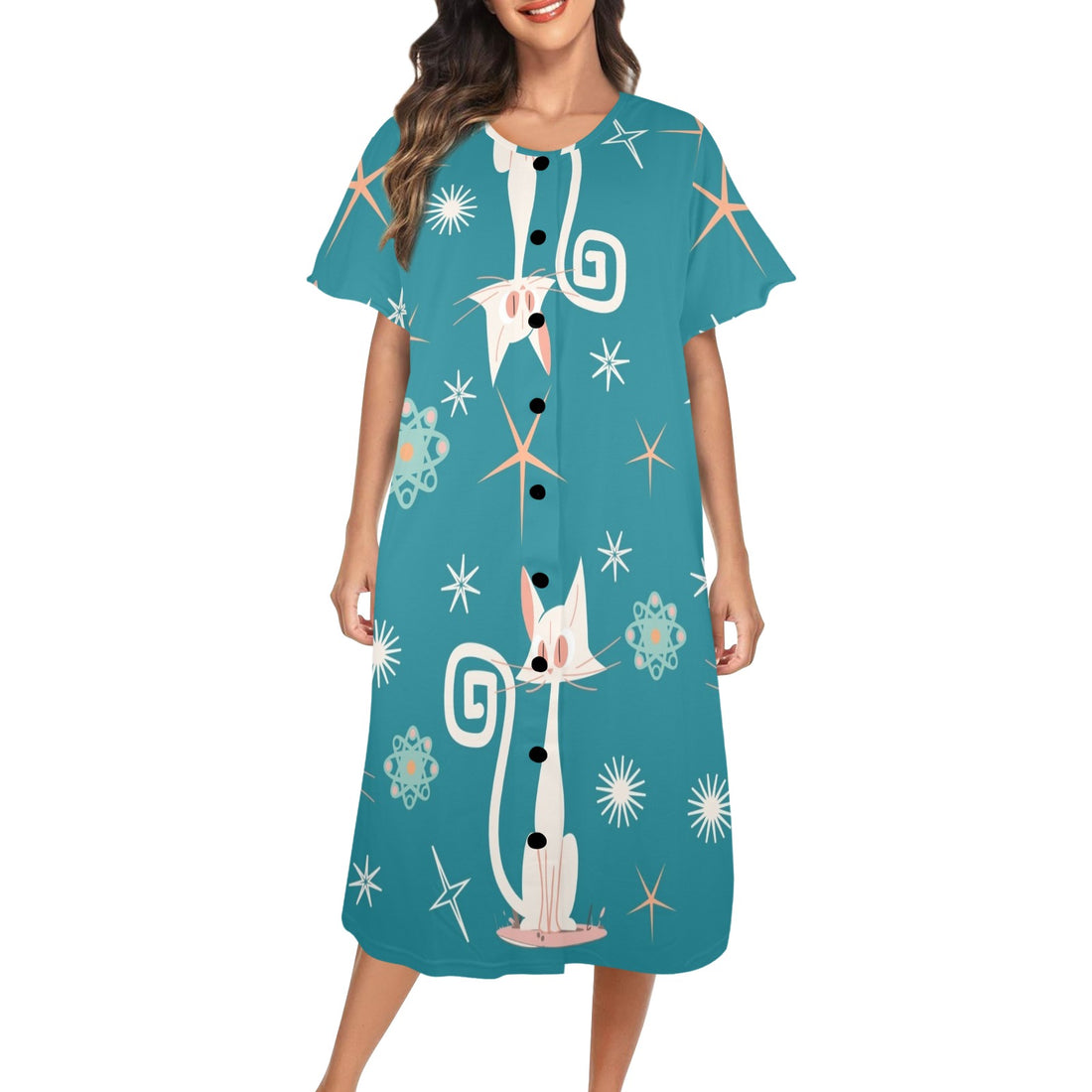 Atomic Kitschy Cats, Housedress Muumuu Duster Loungewear - Mid Century Modern Gal