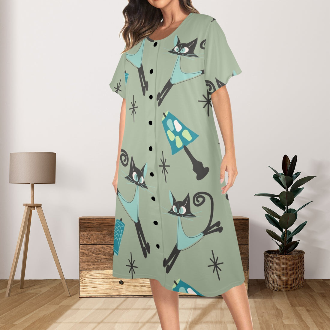 Atomic Cat Loungeware House Dress, Muumuu, Casual Wear Kitschy Comfy Fun