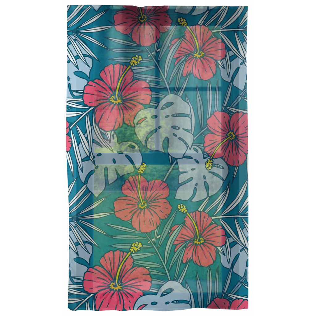 Retro 50's Hawaiian Tiki Decor, Ocean Blue, Pink Hibiscus Tropical Mid Mod Curtains Double Panel / Sheer