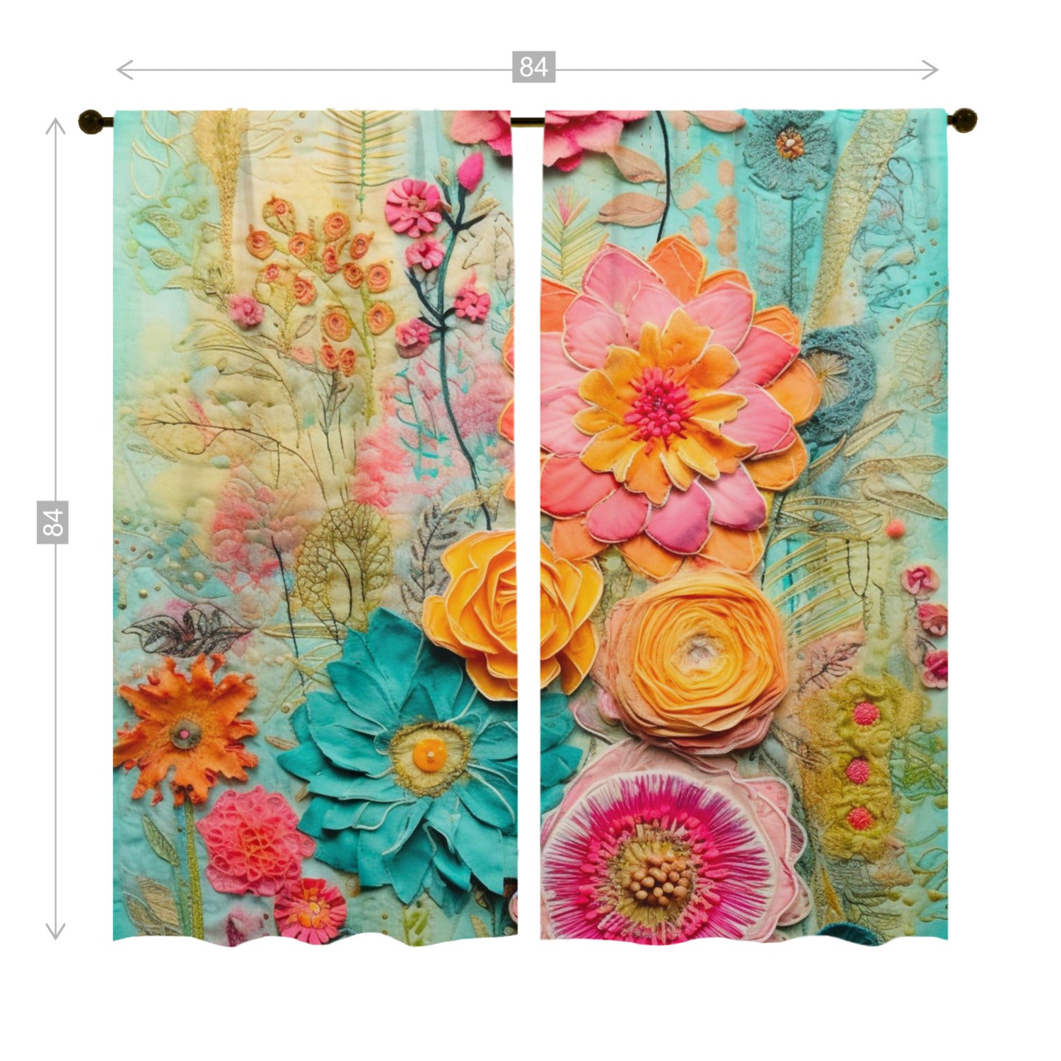 Boho Chic Retro Floral, Faux Emboidery Bohemian Hippie Window Curtains (two panels)