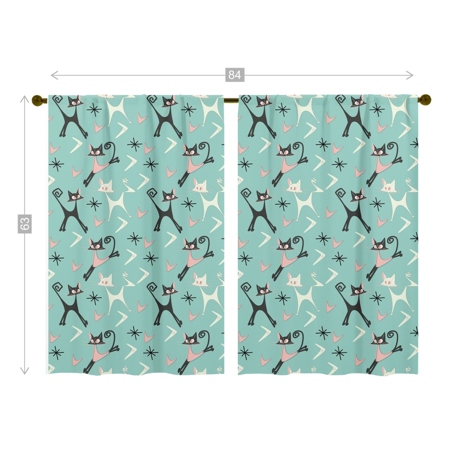 Atomic Cats, Whimsical Mid Century Modern Boomerangs, Kitshy 50s Vintage Style Window Curtains (two panels)