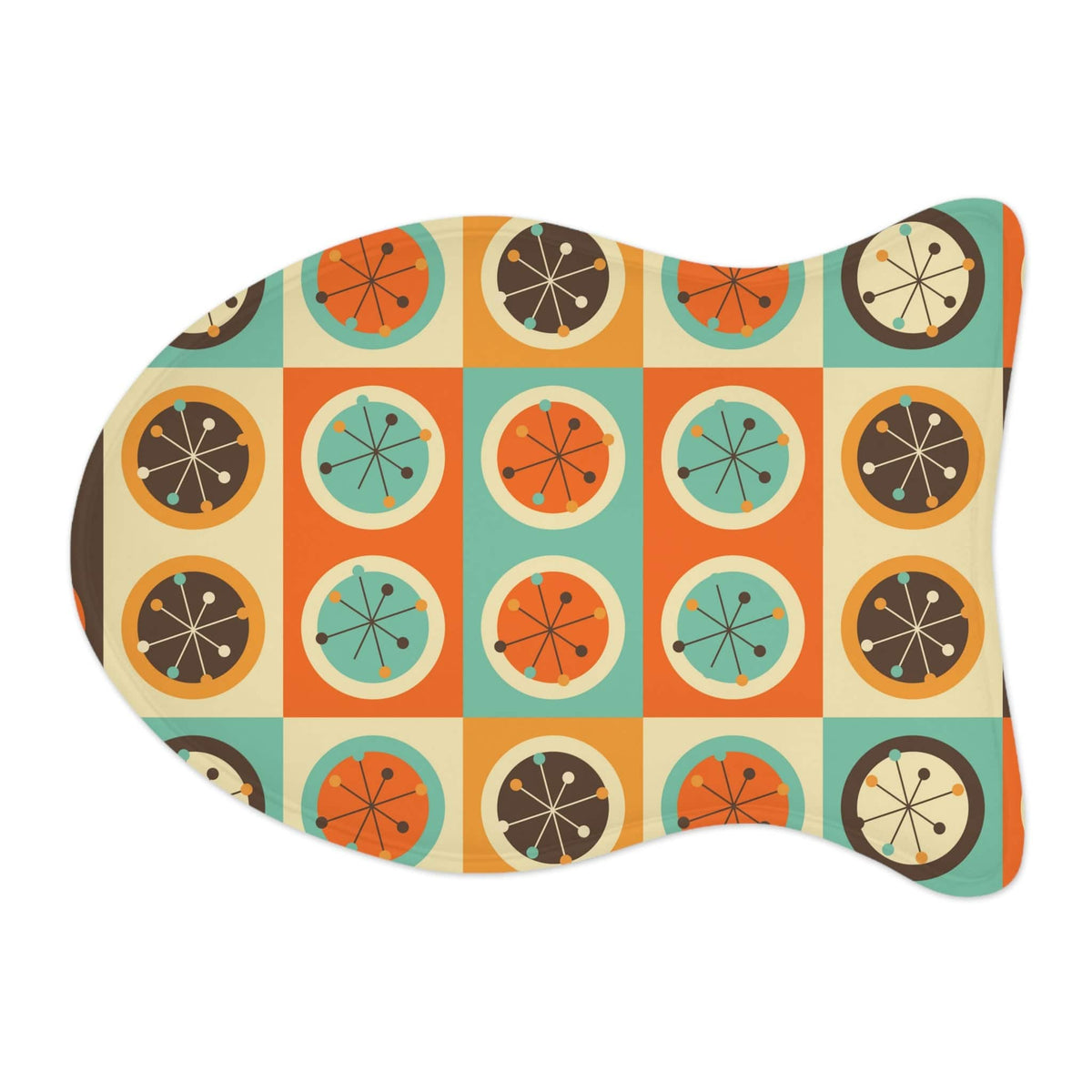 Mid Century Modern, Retro Geometric Circles, Starburst, Dog, Cat, Pet Feeding Mats Pets Fish shape (19" × 14") / White