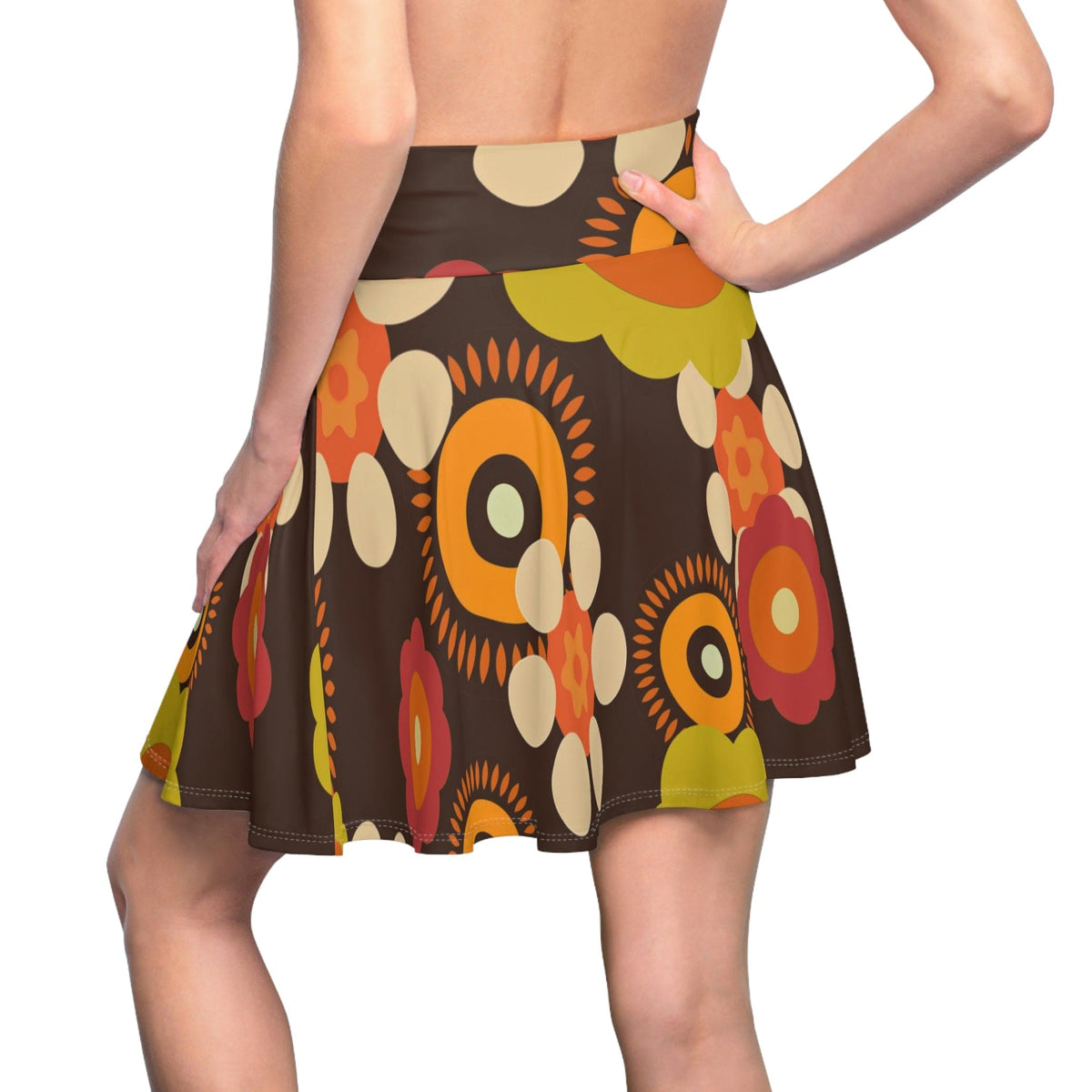 Flower Power 70's Party Disco Skirt, Retro, Brown, Orange, Green Groovy Hipster, Hippie Clothes, Women's Skater Skirt All Over Prints