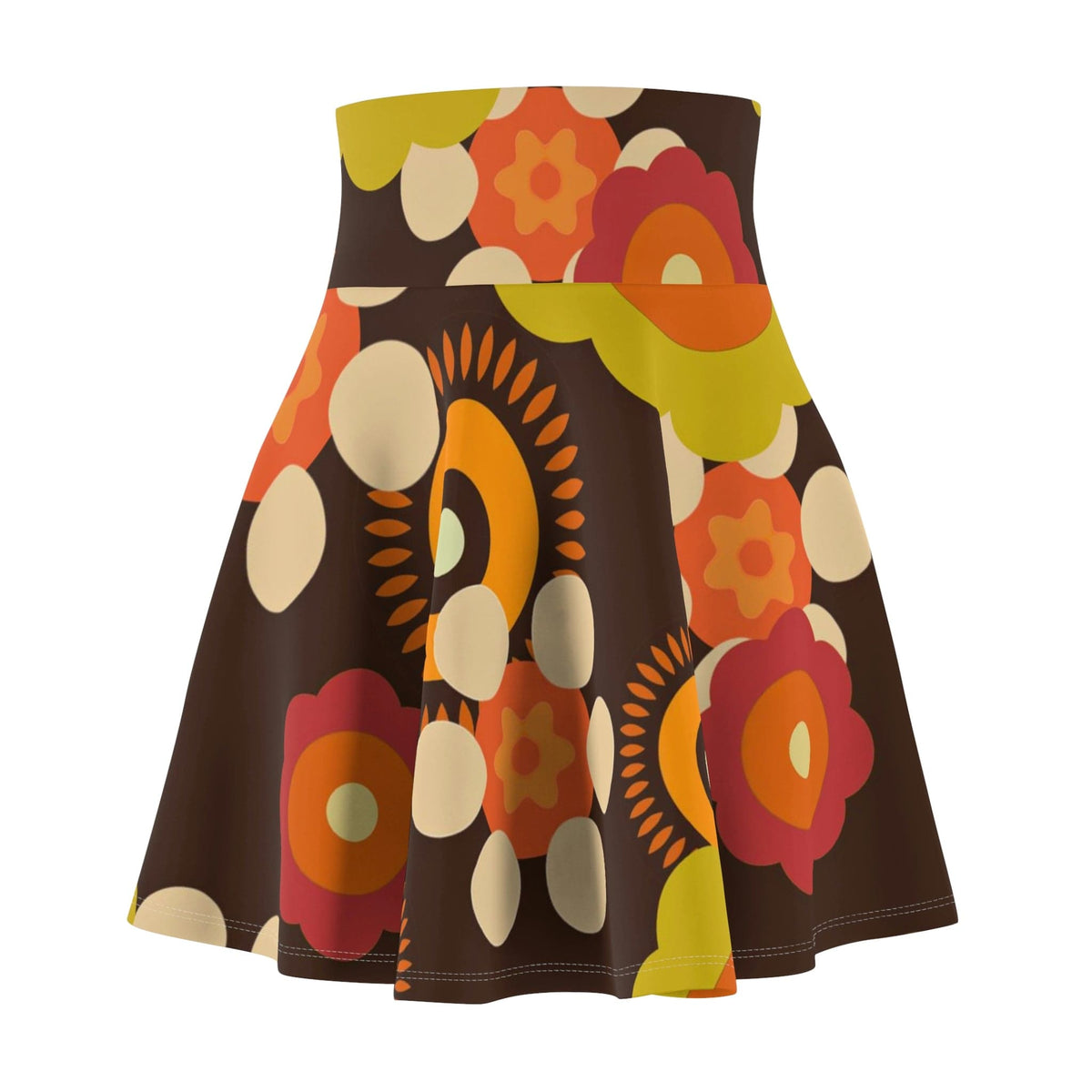 Flower Power 70's Party Disco Skirt, Retro, Brown, Orange, Green Groovy Hipster, Hippie Clothes, Women's Skater Skirt All Over Prints