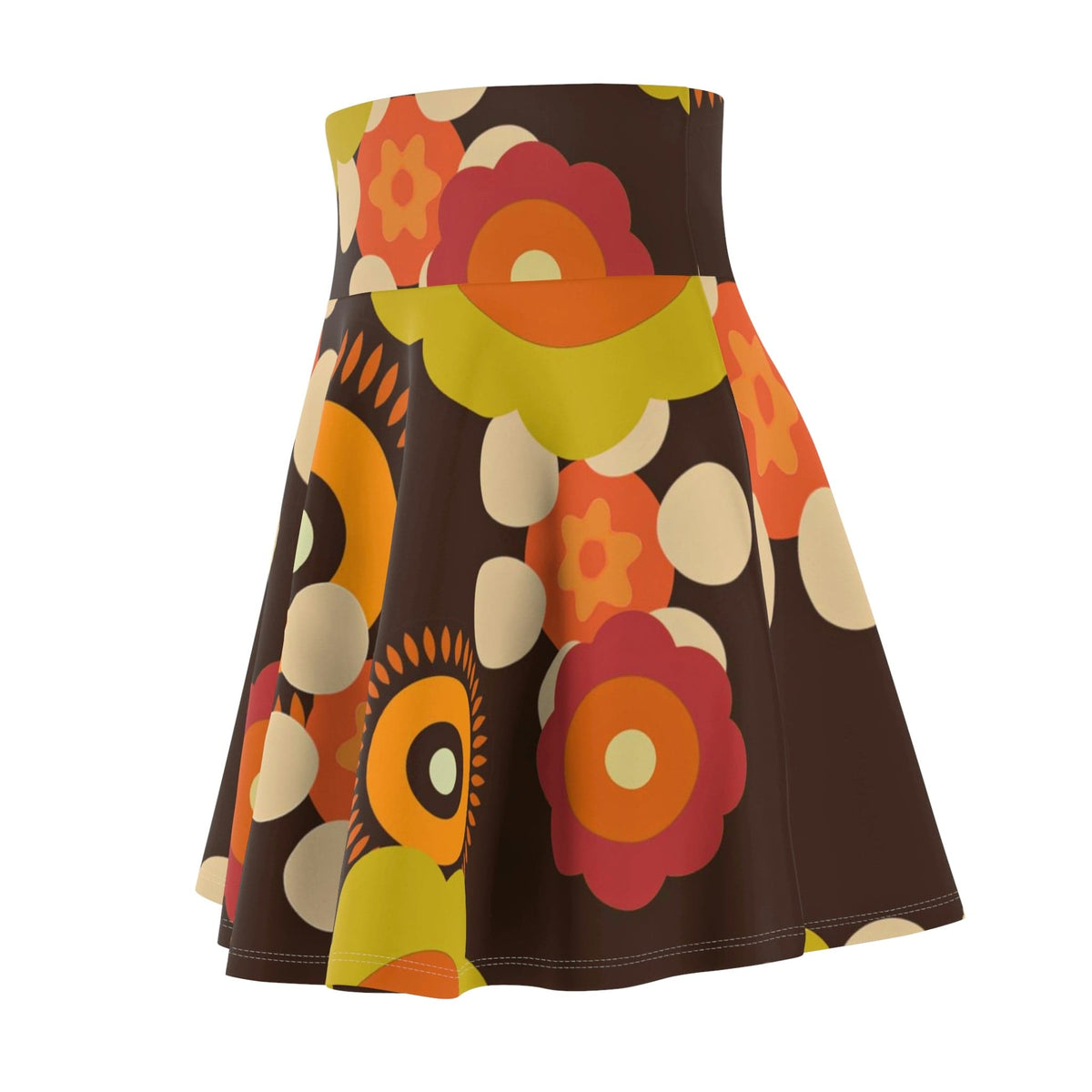 Flower Power 70's Party Disco Skirt, Retro, Brown, Orange, Green Groovy Hipster, Hippie Clothes, Women's Skater Skirt All Over Prints