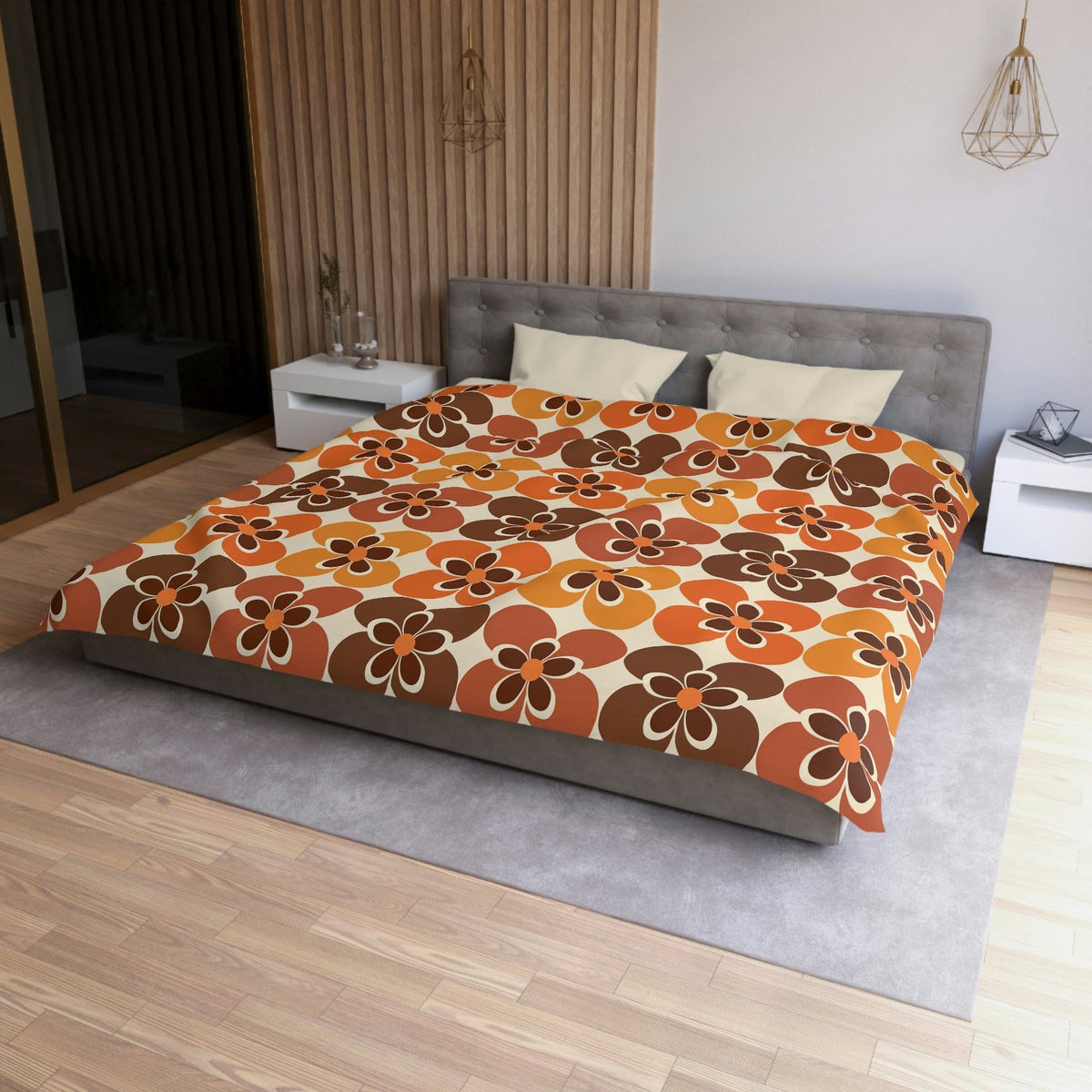 Flower Power Retro Bedding, Brown, Orange, Cream Groovy 70's Duvet Cover Home Decor