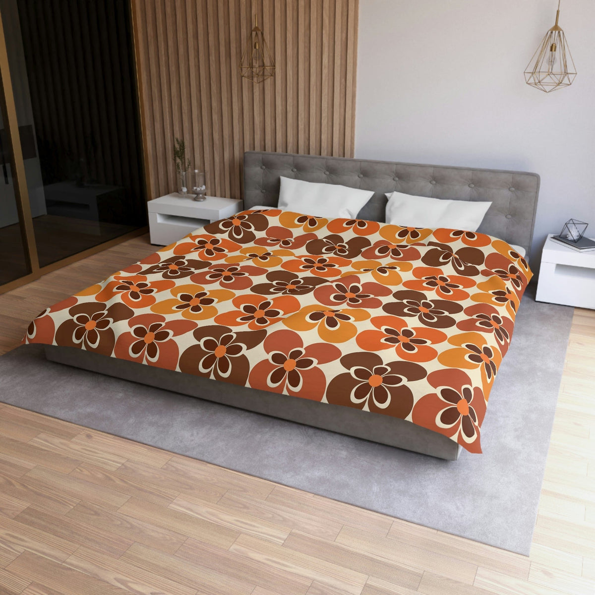 Flower Power Retro Bedding, Brown, Orange, Cream Groovy 70's Duvet Cover Home Decor