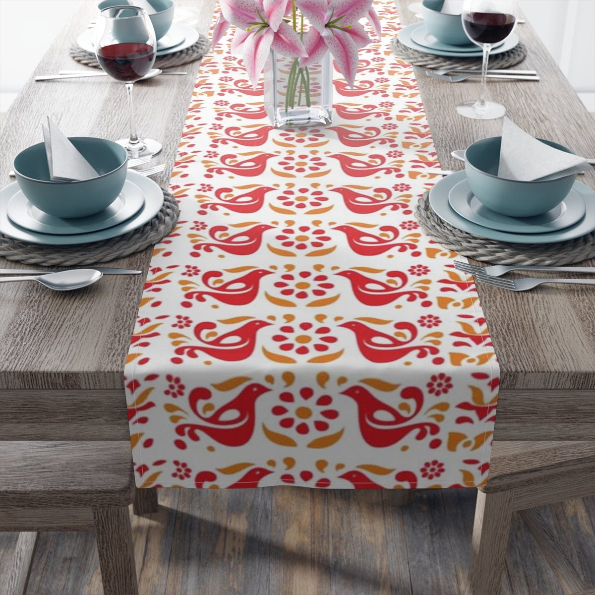 Folk Art, Circle of Friends, Red, Yellow Retro Table Runner Home Decor