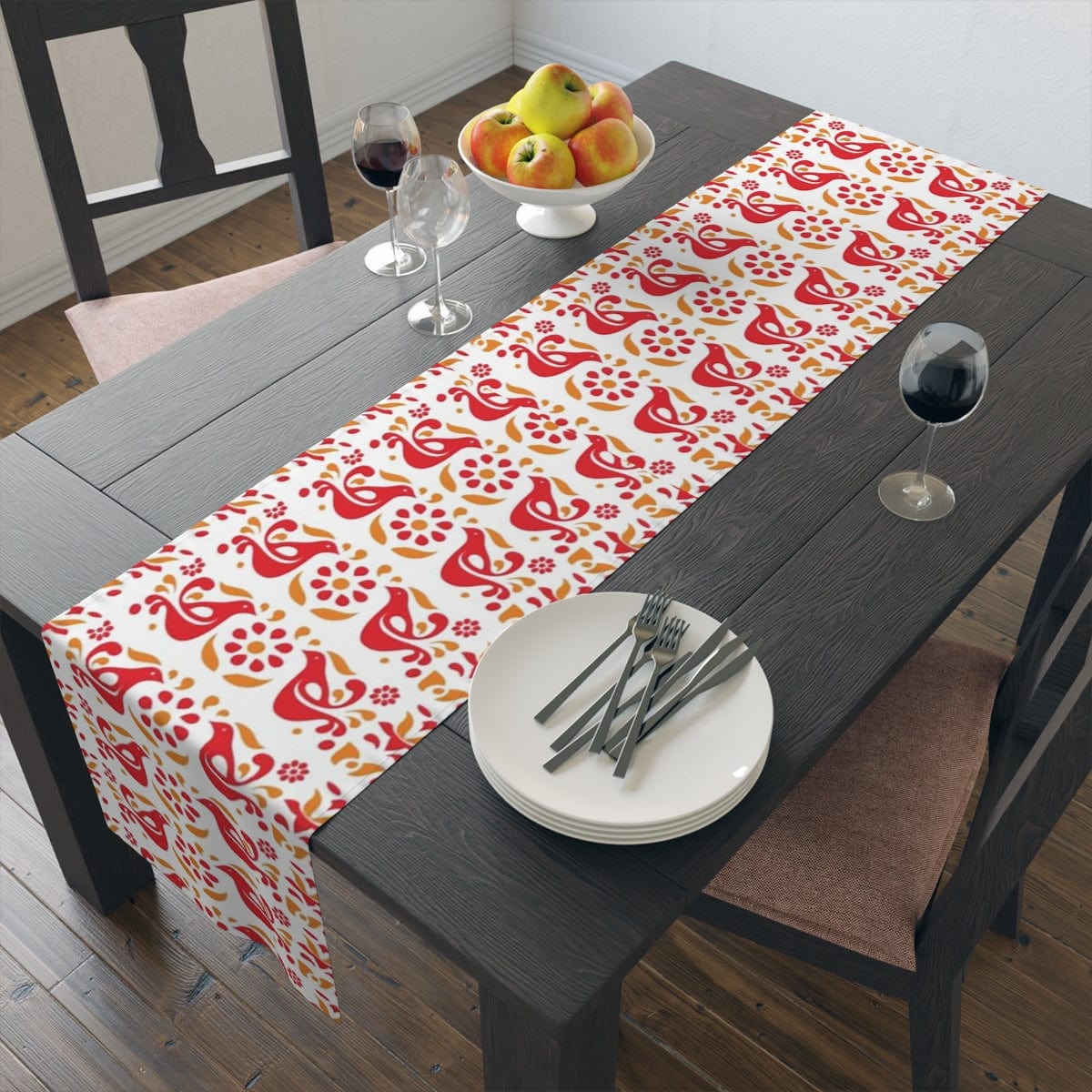 Folk Art, Circle of Friends, Red, Yellow Retro Table Runner Home Decor