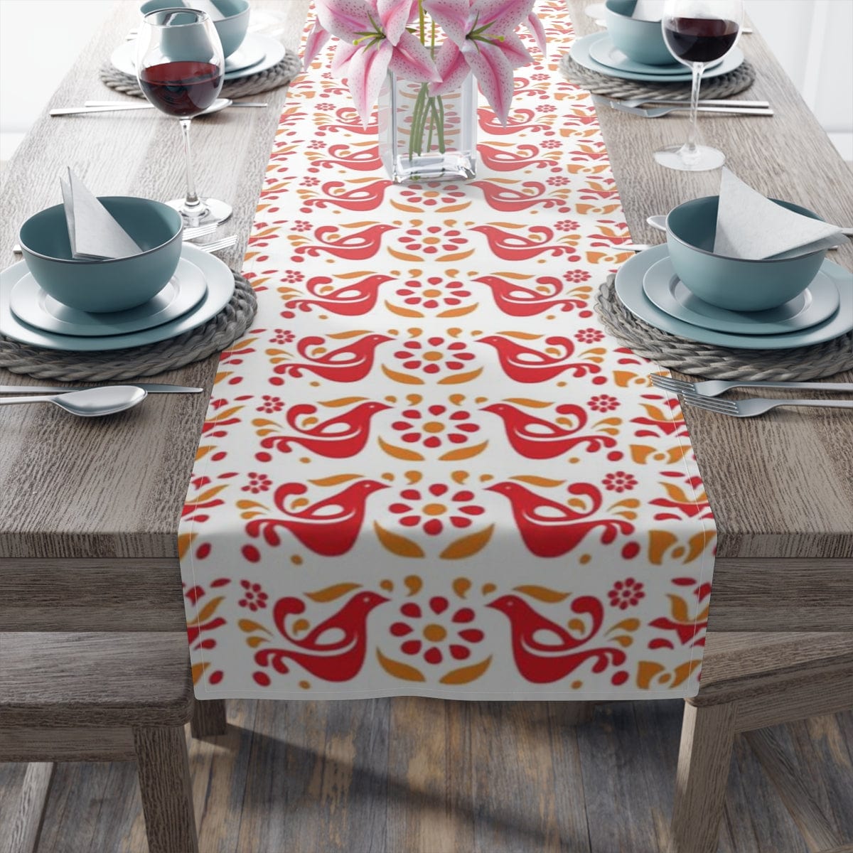 Folk Art, Circle of Friends, Red, Yellow Retro Table Runner Home Decor