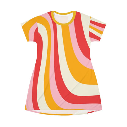 Groovy Retro 70s Pink, Yellow, Coral Hipster Mid Century Modern All Over Print T-Shirt Dress All Over Prints