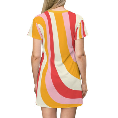 Groovy Retro 70s Pink, Yellow, Coral Hipster Mid Century Modern All Over Print T-Shirt Dress All Over Prints