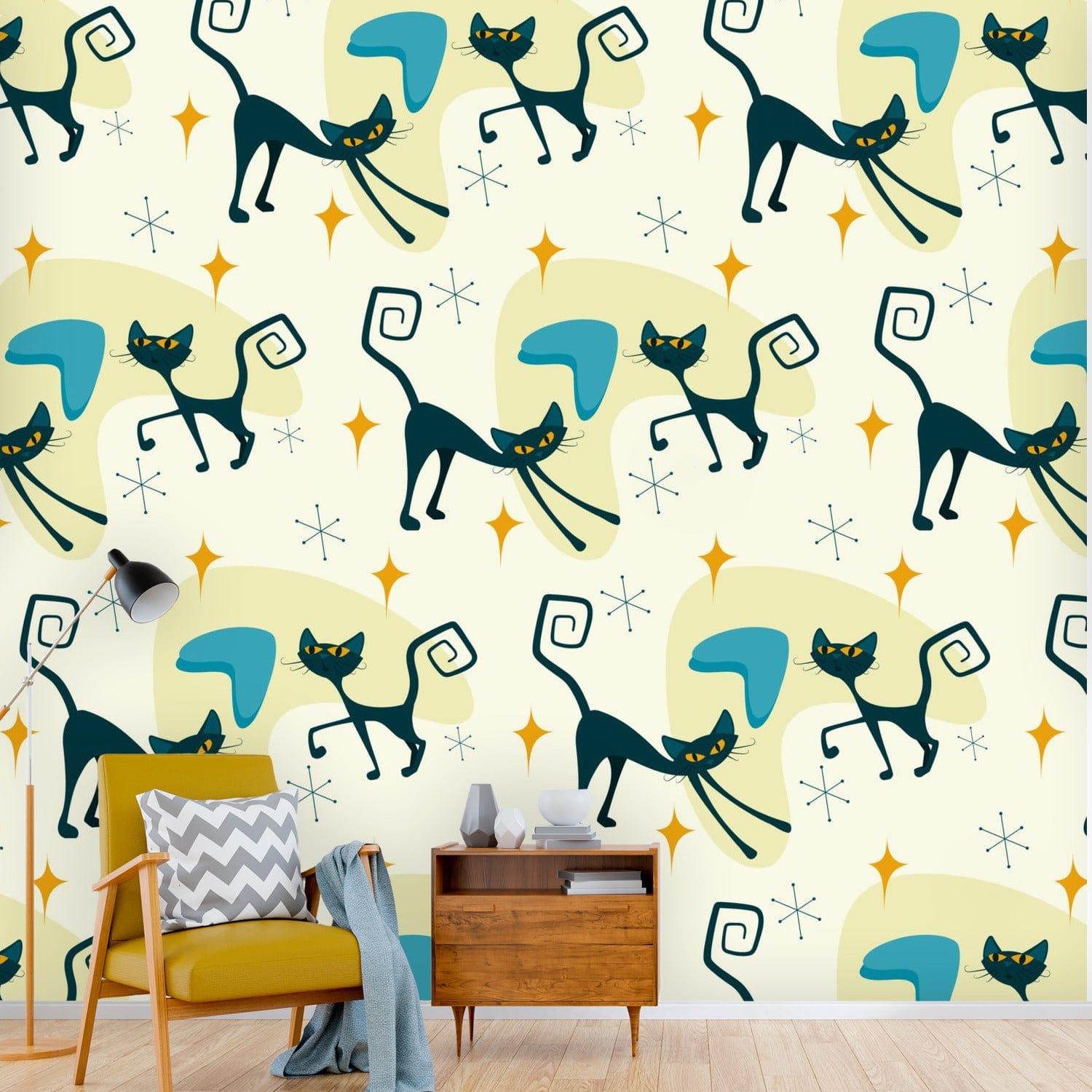 Atomic Cat, Mid Century Modern Peel And Stick Off White, Yellow, Blue Boomerang Wallpaper Wallpaper H110 x W120