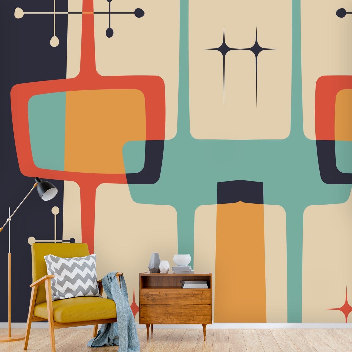 Mid Century Modern Abstract, Geometric Atomic Living, Beige, Yellow, Teal, Charcoal Gray Peel And Stick Wall Murals Wallpaper H110 x W120