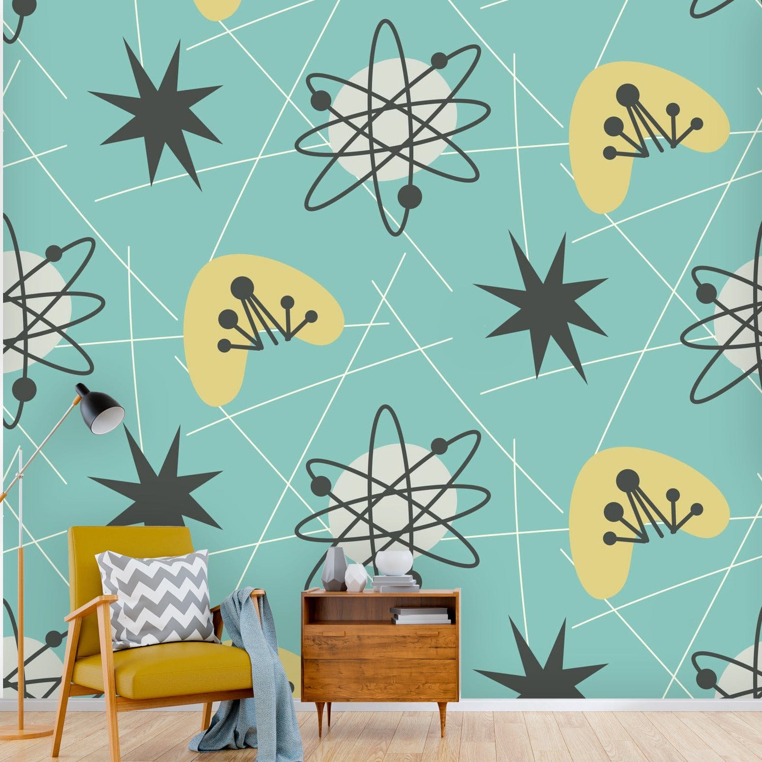 Mid Century Modern, Aqua Blue, Yellow, White, Boomerang, Astro, Peel And Stick Wall Murals Wallpaper H110 x W120