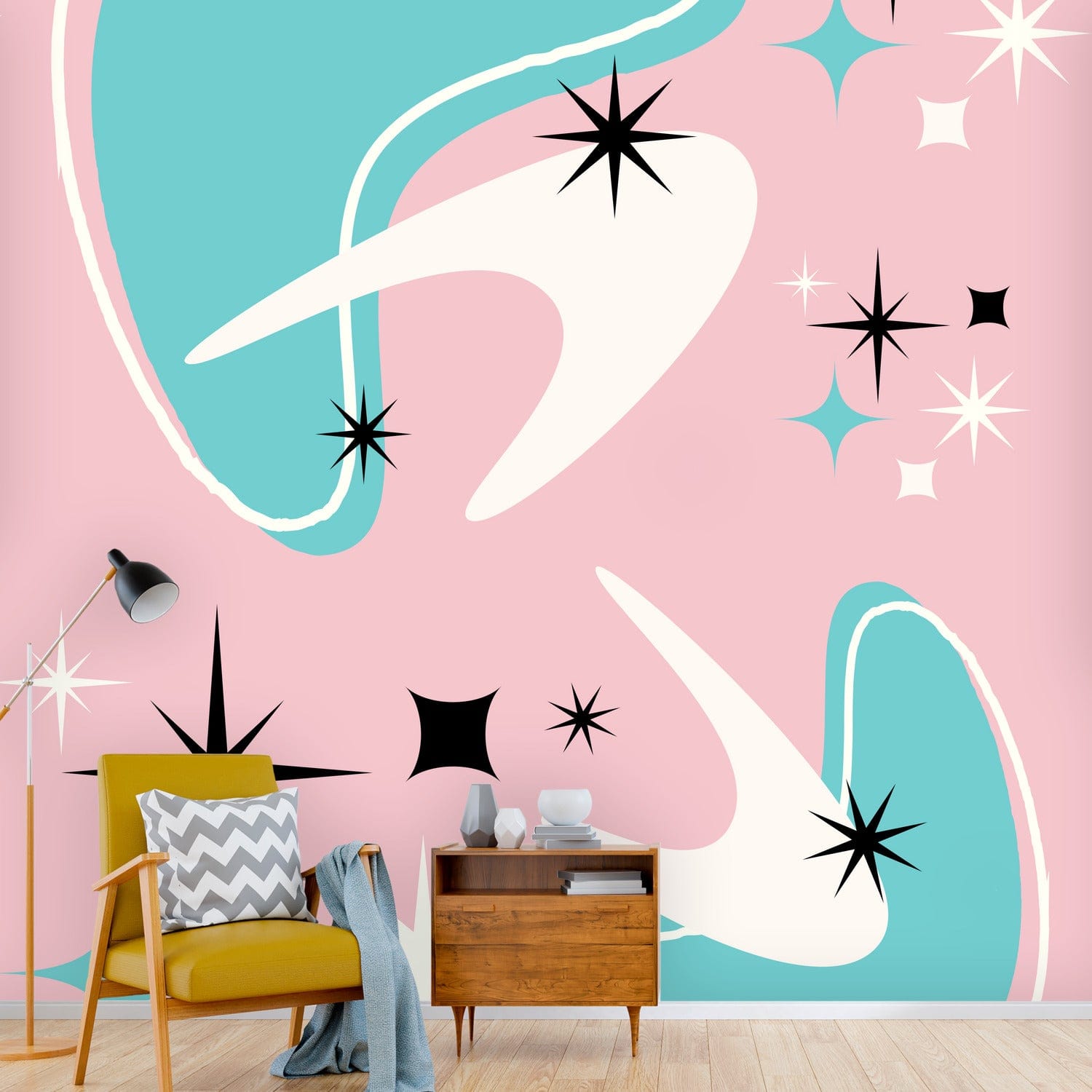 Mid Century Modern Atomic Pink Aqua Boomerang Peel And Stick MCM Wall Murals Wallpaper H110 x W120