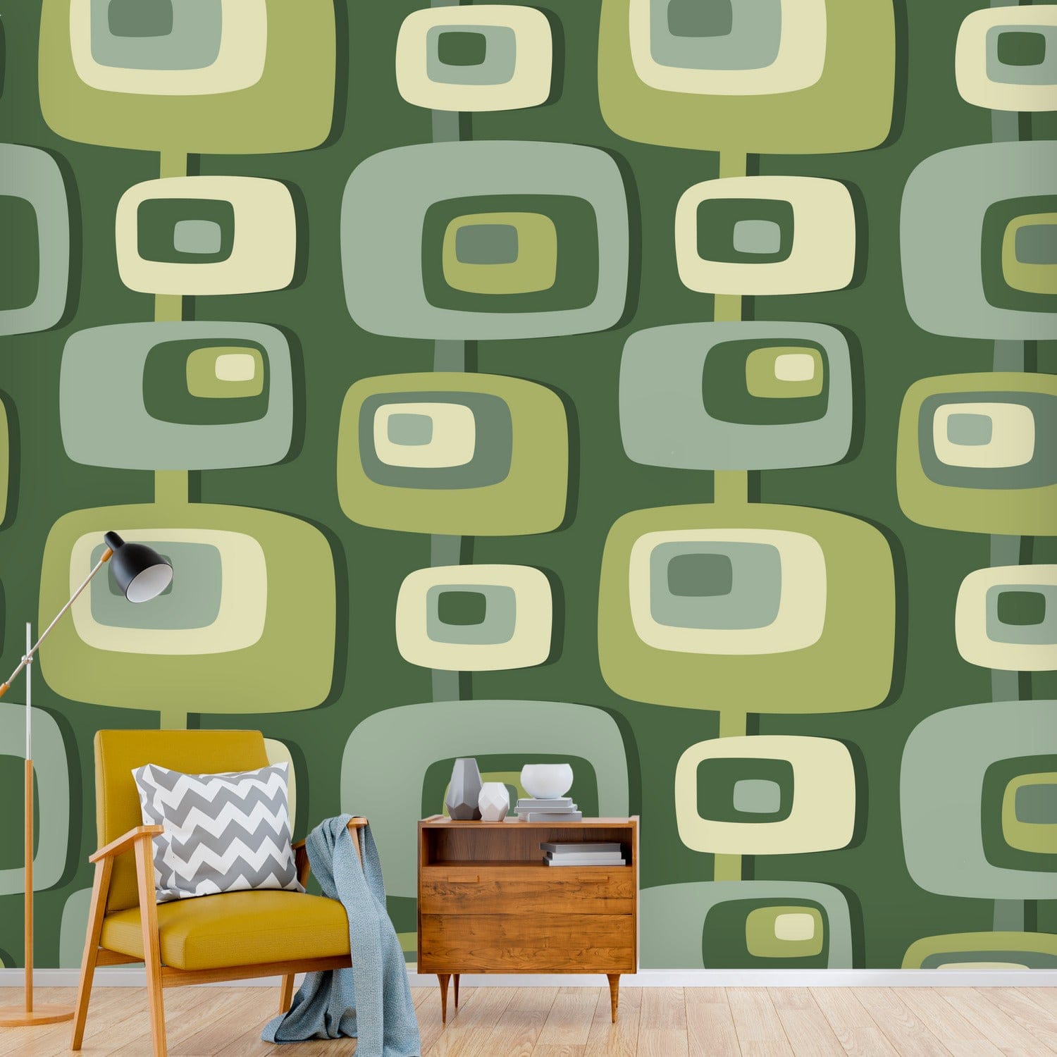 Mid Century Modern Geometric Peel And Stick, Green, Beige, Groovy Wall Murals Wallpaper H110 x W120