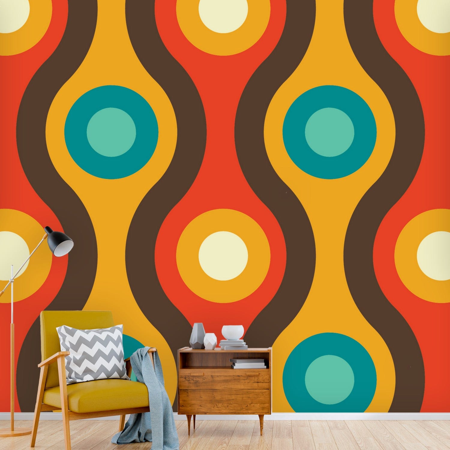 Mid Century Modern Googie Peel And Stick Retro Brown, Mustard Yellow, Teal Blue MCM Wall Murals Wallpaper H110 x W120