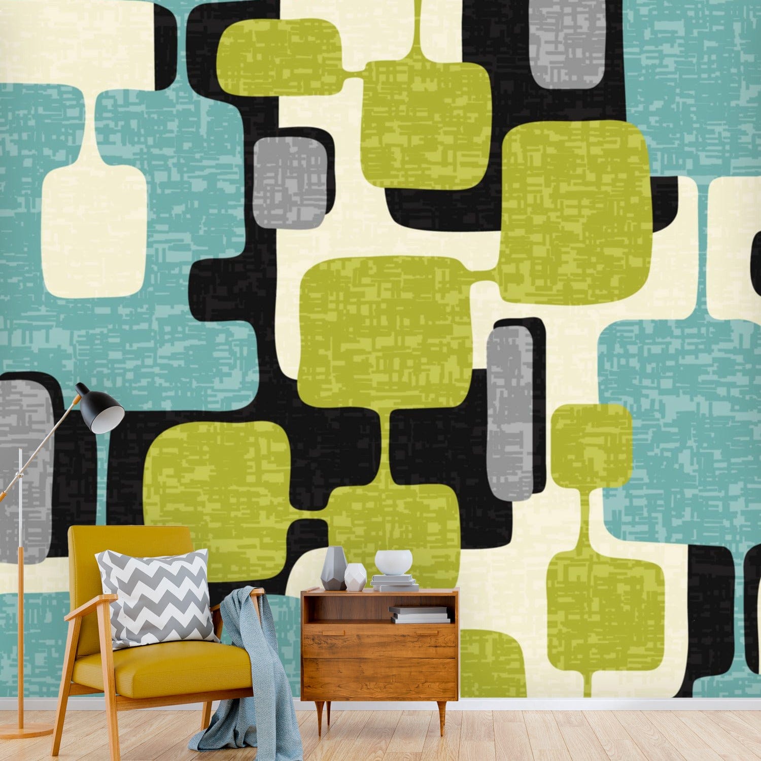 Mid Century Modern Home Décor, Abstract, Gray, Black, Lime Green, Teal Color Block Peel And StickWall Murals Wallpaper H110 x W120