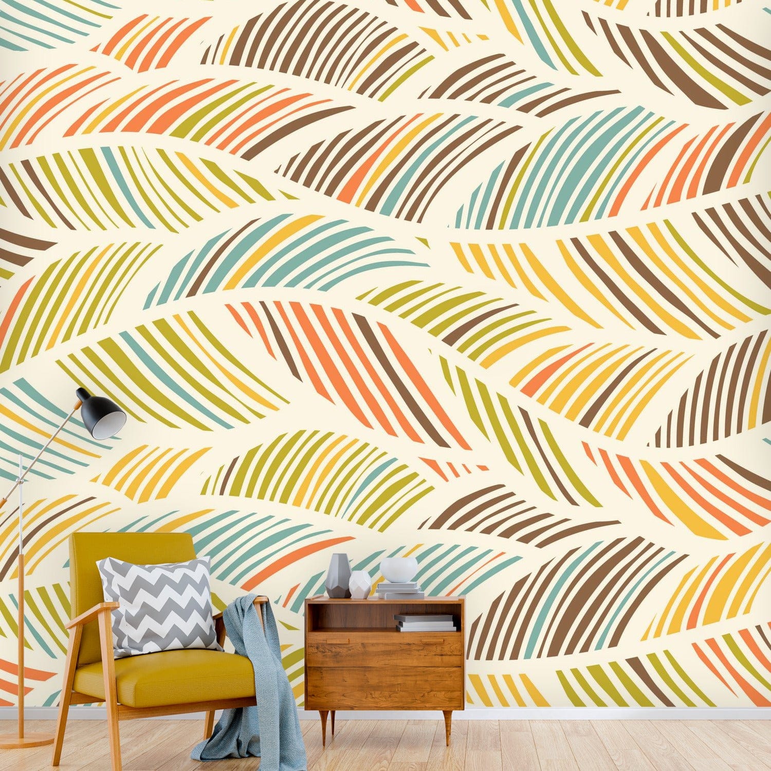 Mid Mod Abstract, Retro Yellow, Orange, Brown, Green Blue, PEEL And Stick Wall Murals Wallpaper H110 x W120