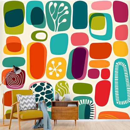 Mid Mod Amoeba Geometric Retro Teal, Aqua, Orange, Green, Abstract Art Mid Century Modern  Peel And StickWall Murals Wallpaper H110 x W120