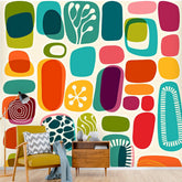 Mid Mod Amoeba Geometric Retro Teal, Aqua, Orange, Green, Abstract Art Mid Century Modern  Peel And StickWall Murals Wallpaper H110 x W120 Mid Century Modern Gal