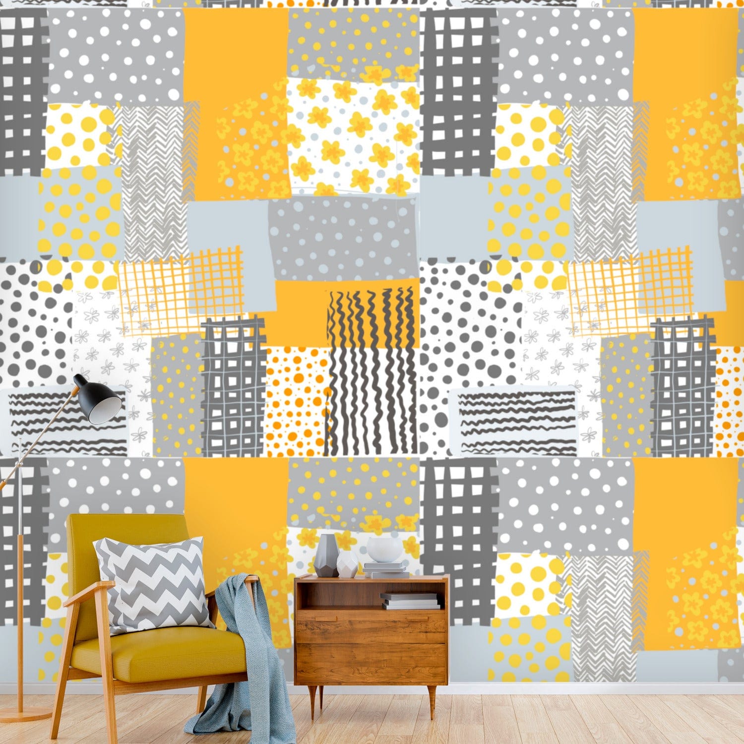 Retro Abstract Art, Peel And Stick, Gray, Yellow, White, Floral Mid Mod Wall Murals Wallpaper H110 x W120