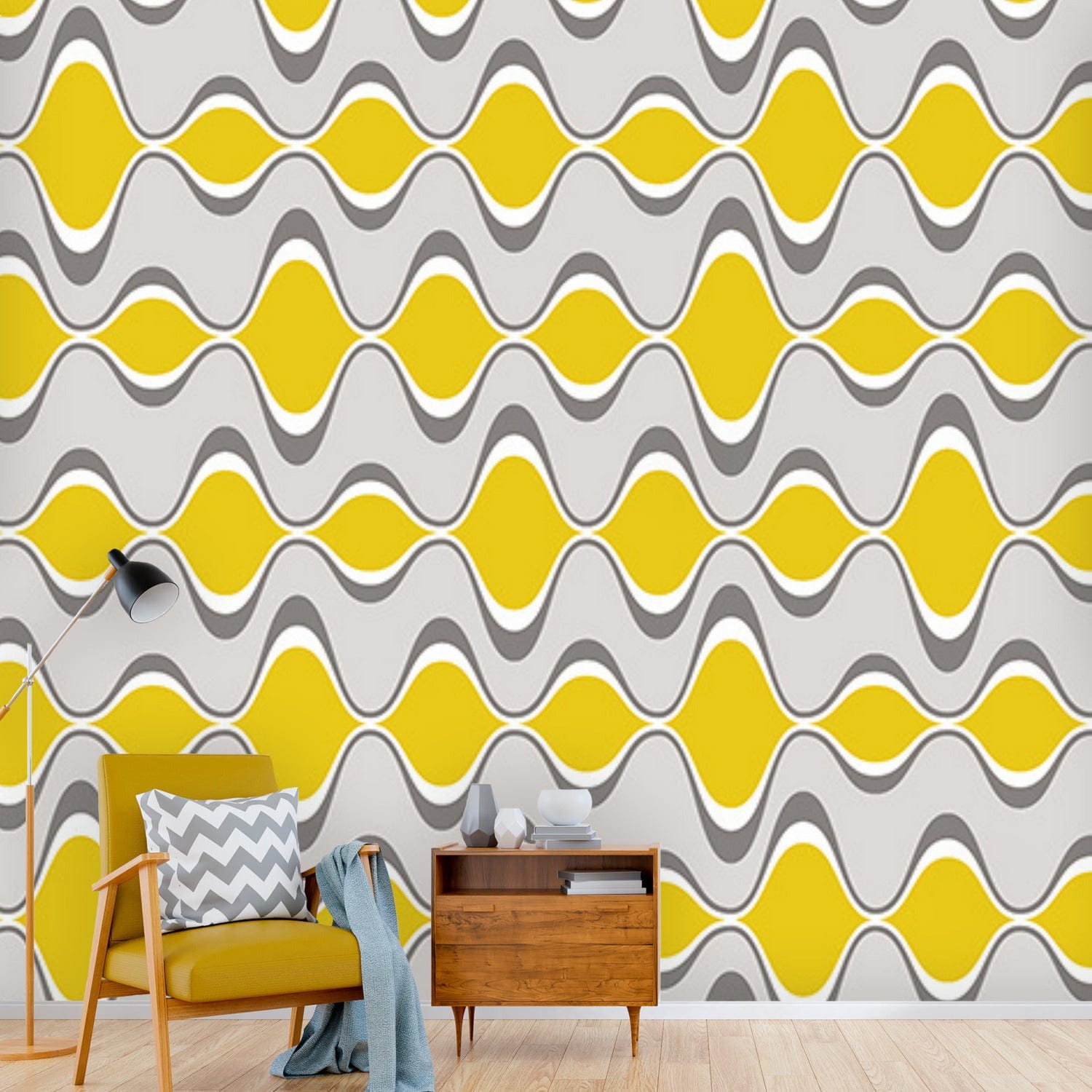 Retro Mid Century Modern, Gray, Yellow, Groovy Geometric Googie Designs, MCM Mid Mod Peel And Stick Wall Mural Wallpaper H110 x W120