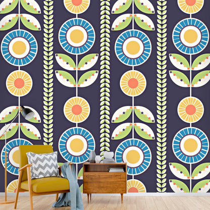 Scandinavian Modern Danish Design, Flower, Norwegian Blue, Green Peel And Stick Wall Murals Wallpaper H110 x W120