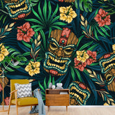 Tiki Home Decor, Retro, Tropical Hibiscus, Retro Hawaiian Tiki PEEL and Stick Wall Murals Wallpaper H110 x W120