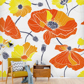 Vintage Poppy, Orange, Bright Yellow, Navy Blue, Boho Retro Peel And Stick Wall Murals Wallpaper H110 x W120
