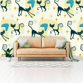 Atomic Cat, Mid Century Modern Peel And Stick Off White, Yellow, Blue Boomerang Wallpaper Wallpaper H110 x W160