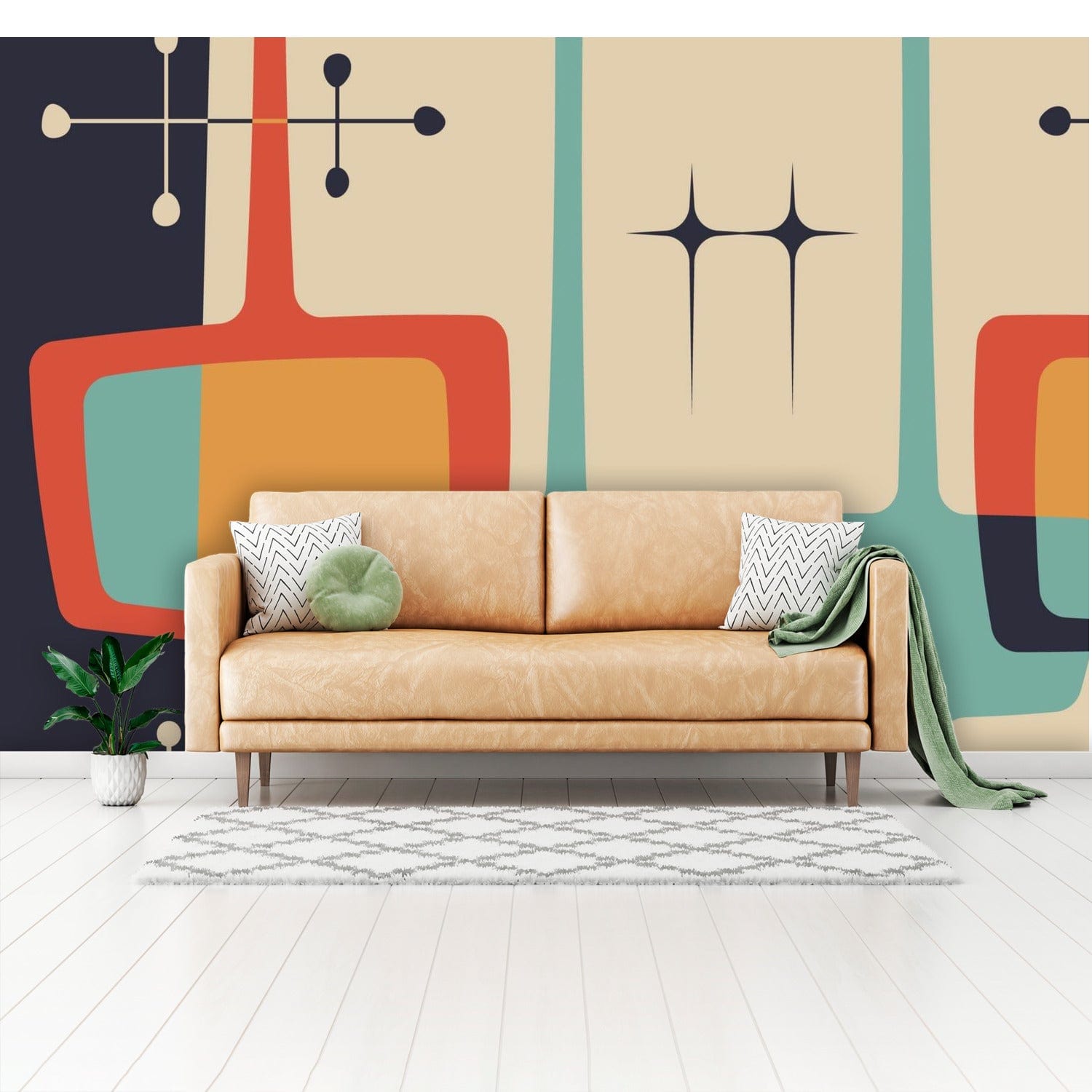 Mid Century Modern Abstract, Geometric Atomic Living, Beige, Yellow, Teal, Charcoal Gray Peel And Stick Wall Murals Wallpaper H110 x W160