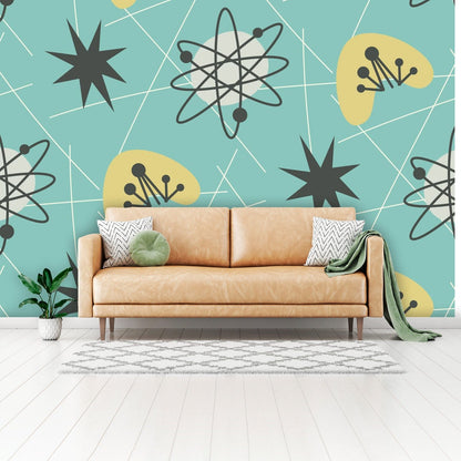 Mid Century Modern, Aqua Blue, Yellow, White, Boomerang, Astro, Peel And Stick Wall Murals Wallpaper H110 x W160