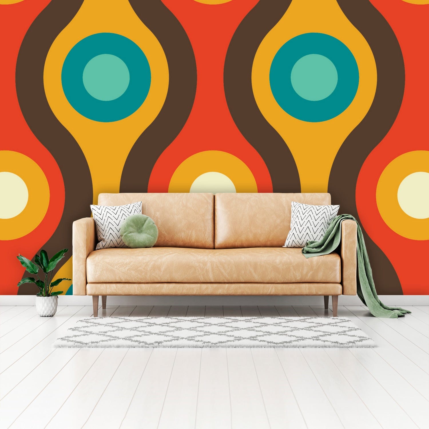 Mid Century Modern Googie Peel And Stick Retro Brown, Mustard Yellow, Teal Blue MCM Wall Murals Wallpaper H110 x W160