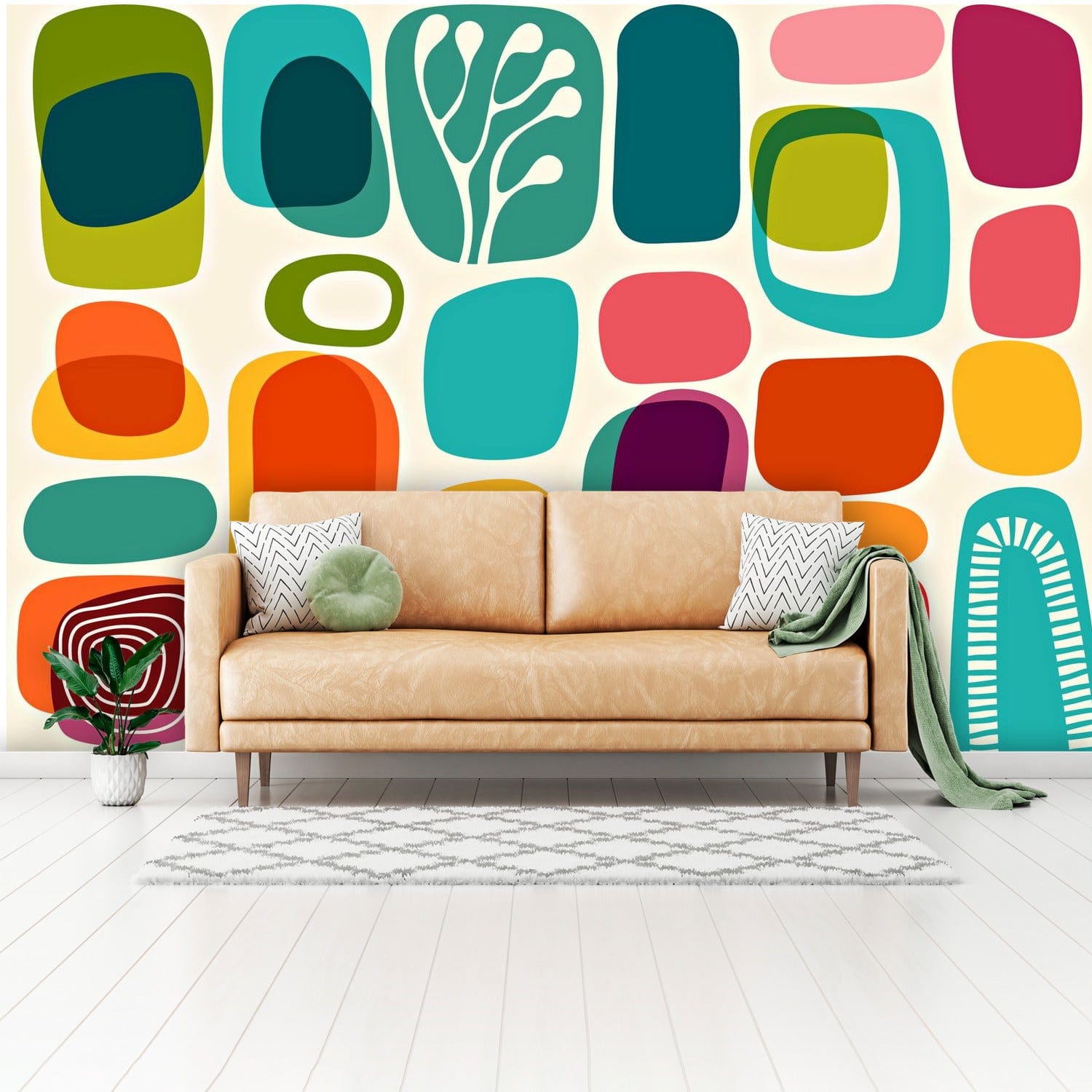 Mid Mod Amoeba Geometric Retro Teal, Aqua, Orange, Green, Abstract Art Mid Century Modern  Peel And StickWall Murals Wallpaper H110 x W160
