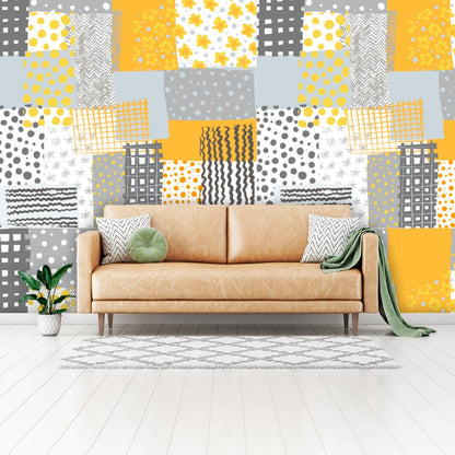 Retro Abstract Art, Peel And Stick, Gray, Yellow, White, Floral Mid Mod Wall Murals Wallpaper H110 x W160