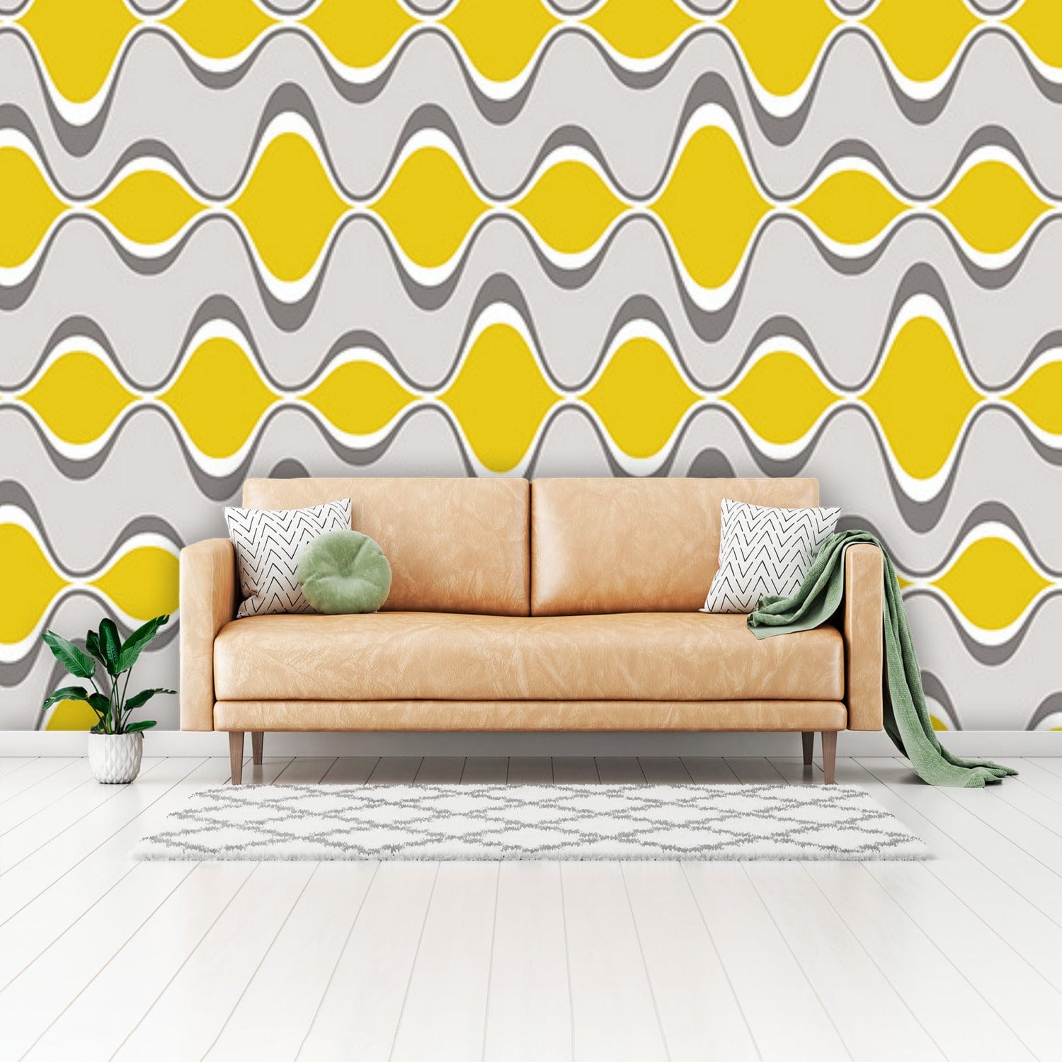 Retro Mid Century Modern, Gray, Yellow, Groovy Geometric Googie Designs, MCM Mid Mod Peel And Stick Wall Mural Wallpaper H110 x W160