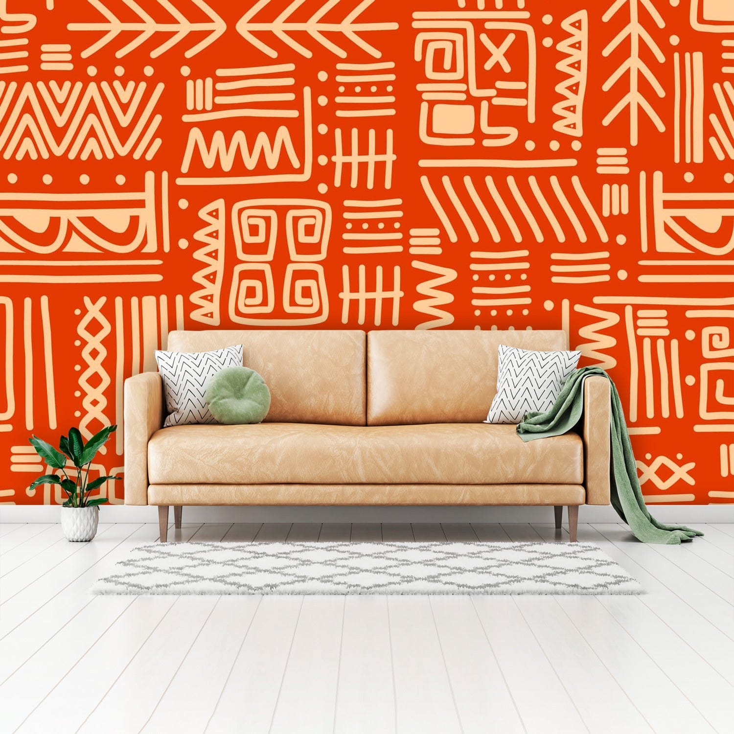 Retro Tiki Home Decor, Dark Orange, Beige, Abstract Art Design, Mid Mod Peel And Stick Wall Murals Wallpaper H110 x W160