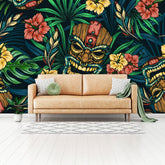 Tiki Home Decor, Retro, Tropical Hibiscus, Retro Hawaiian Tiki PEEL and Stick Wall Murals Wallpaper H110 x W160