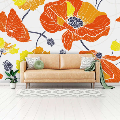 Vintage Poppy, Orange, Bright Yellow, Navy Blue, Boho Retro Peel And Stick Wall Murals Wallpaper H110 x W160
