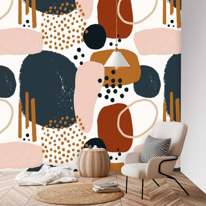 Abstract Watercolor, Boho Brown, Navy Blue, Terracotta, Retro Peel And Stick Mid Mod Wall Murals Wallpaper H96 x W100