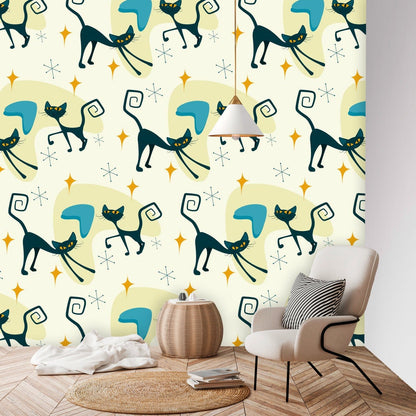 Atomic Cat, Mid Century Modern Peel And Stick Off White, Yellow, Blue Boomerang Wallpaper Wallpaper H96 x W100
