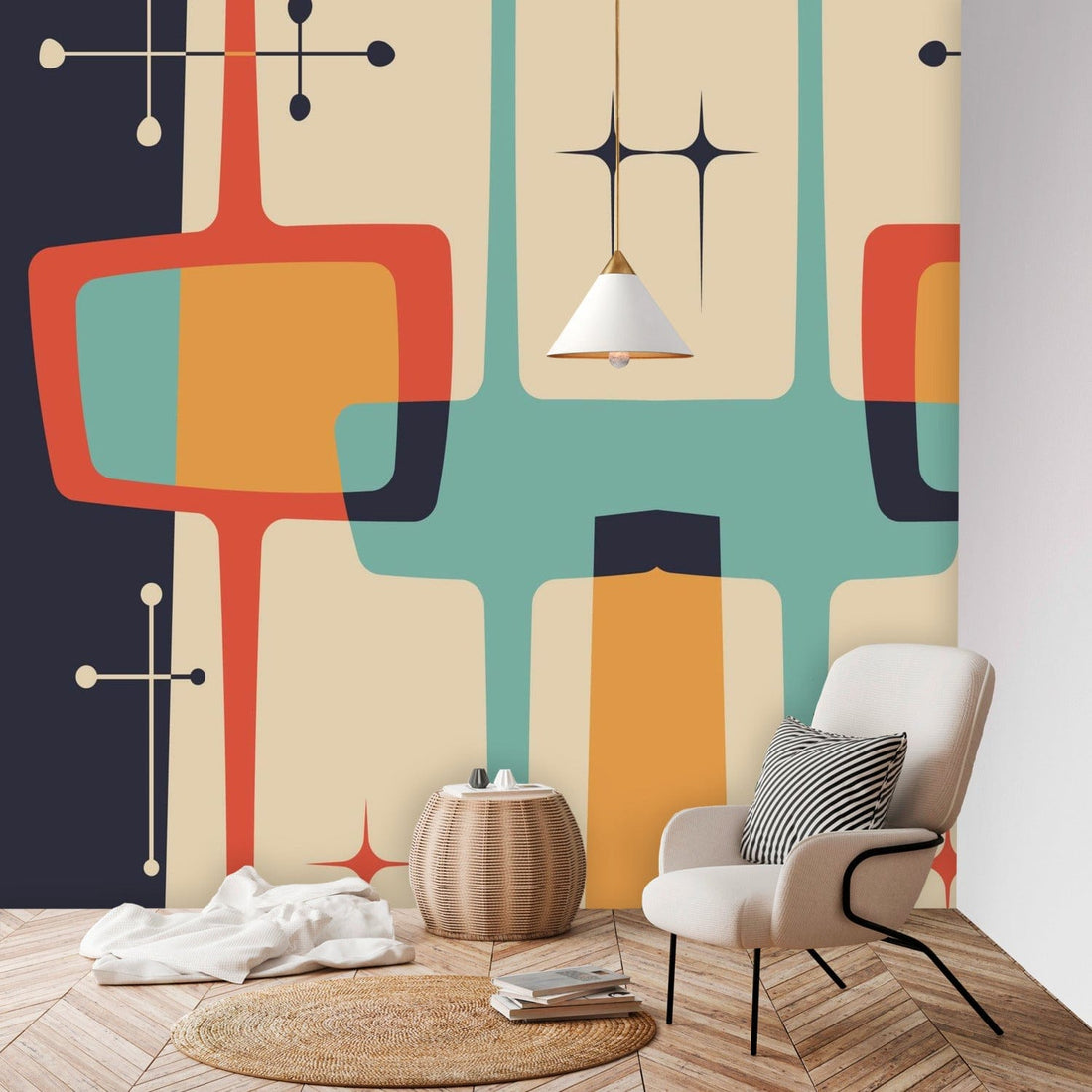 Mid Century Modern Abstract, Geometric Atomic Living, Beige, Yellow, Teal, Charcoal Gray Peel And Stick Wall Murals Wallpaper H96 x W100