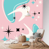 Mid Century Modern Atomic Pink Aqua Boomerang Peel And Stick MCM Wall Murals Wallpaper H96 x W100